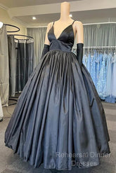 A Line V Neck Black Semi Formal Prom Dresses With Pocket Long Satin Formal Graduation Dress